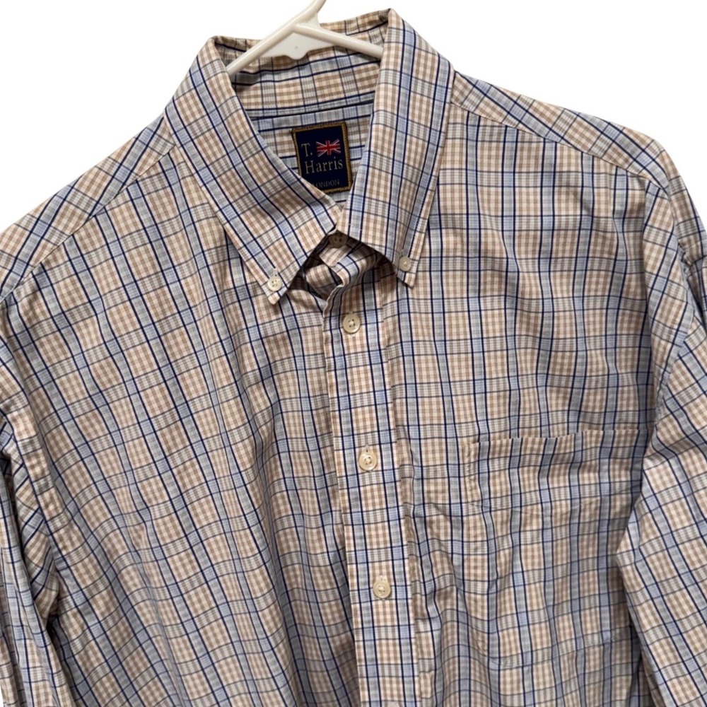 T. Harris London Mens Blue Tan Plaid Button Down Shirt Long Sleeve Pocket L